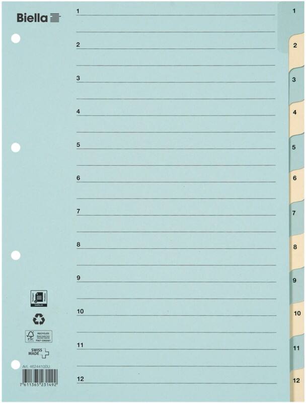 Biella 1 bis 12 Zahlenregister DIN A4 Blau, Gelb 12-teilig 4 Löcher 0462441.00