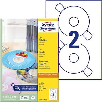 AVERY Zweckform L6043-100 CD-Etiketten DIN A4 Weiß 100 Blatt à 2 Etiketten