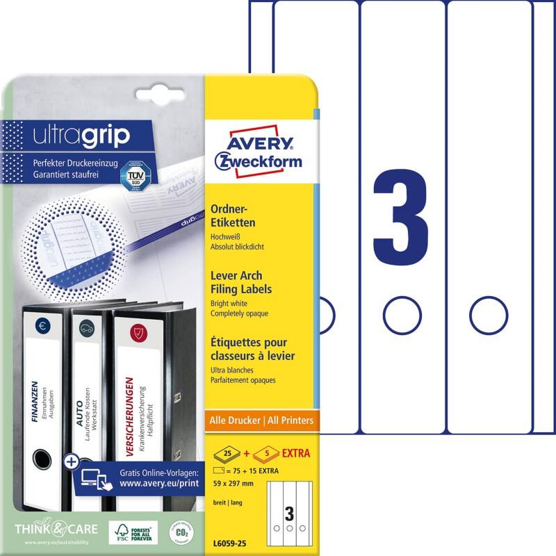 AVERY Zweckform ultragrip Ordneretiketten  L6059-25 Ja A4 Weiß 5,9 x 29,7 cm 30 Blatt à 4 Etiketten