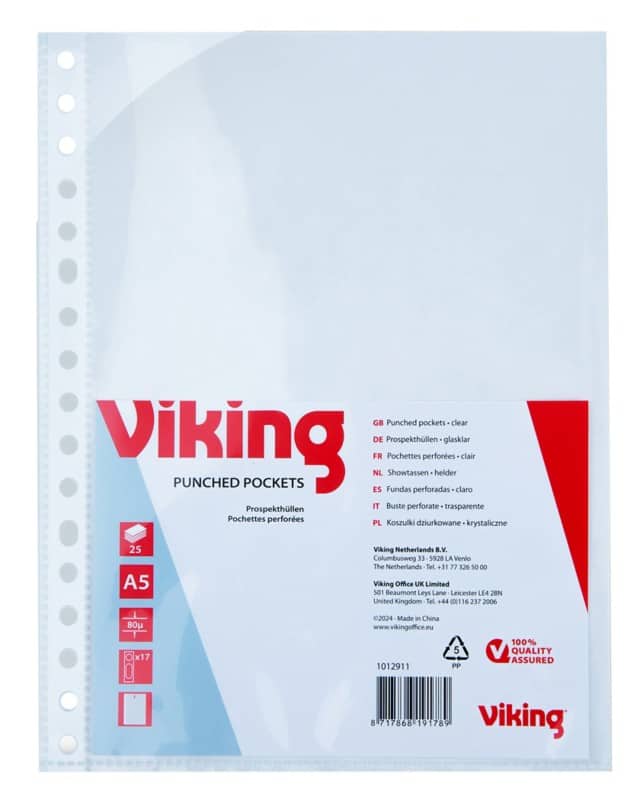 Viking Prospekthüllen A5 Glasklar Transparent 80 Mikron PP (Polypropylen) Öffnung oben 17 Löcher 25 Stück