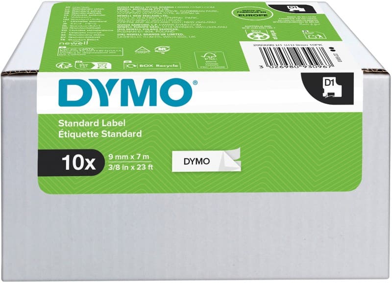Dymo D1 S0720680 / 40913 Authentic Schriftband Selbstklebend Schwarzer Druck auf Weiß 9 mm x 7m 10 Stück