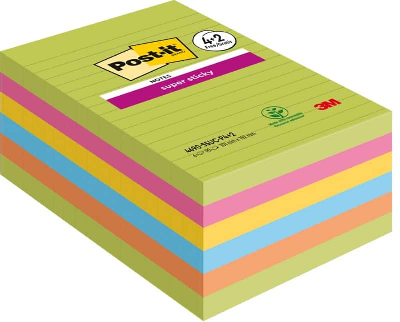 Post-it Super Sticky Haftnotizen 101 x 152 mm Färbig sortiert Rechteckig Liniert 90 Blatt Vorteilspackung 4 + 2 Gratis
