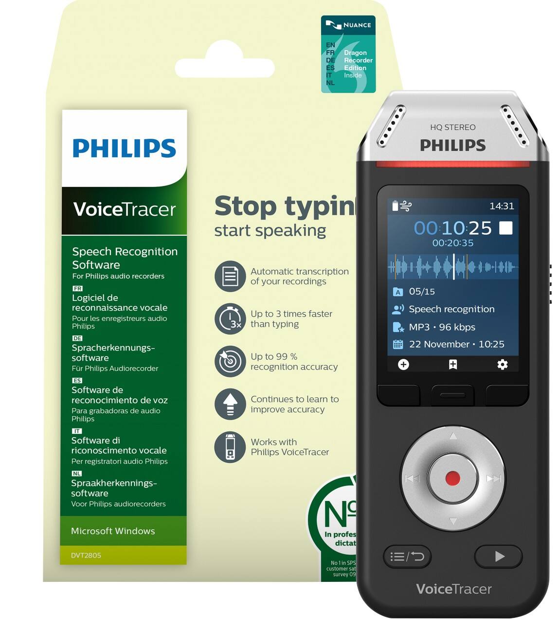Philips Digitales Diktiergerät VoiceTracer DVT2810 Silber, Schwarz