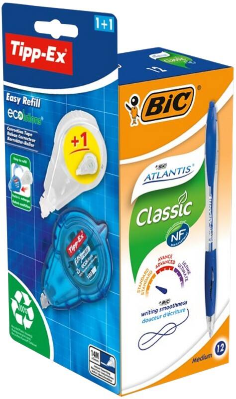 BIC Atlantis Classic Kugelschreiber Blau Mittel 0.32 mm Nachfüllbar Packung mit 12 Stück + GRATIS 1 Easy Tipp-Ex mit Nachfüllpackung