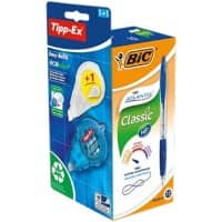 BIC Atlantis Classic Kugelschreiber Blau Mittel 0.32 mm Nachfüllbar Packung mit 12 Stück + GRATIS 1 Easy Tipp-Ex mit Nachfüllpackung