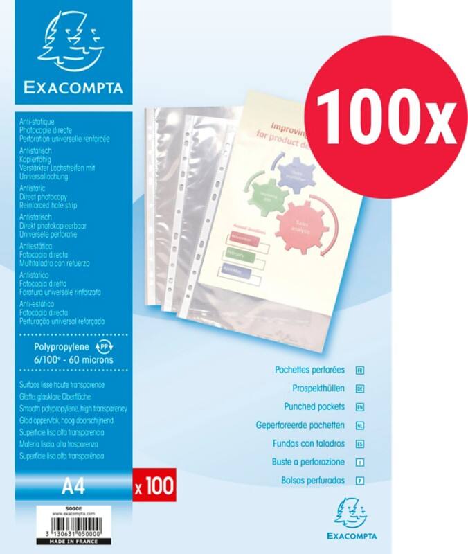 Exacompta Prospekthüllen DIN A4 Glasklar Transparent 60 Mikron PP (Polypropylen) Oben 11 Löcher 5000E 100 Stück