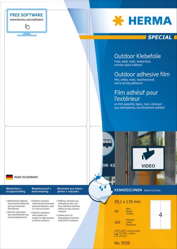 HERMA Wassserfeste Etiketten 9539 Weiß DIN A4 99,1 x 139 mm 40 Blatt à 4 Etiketten