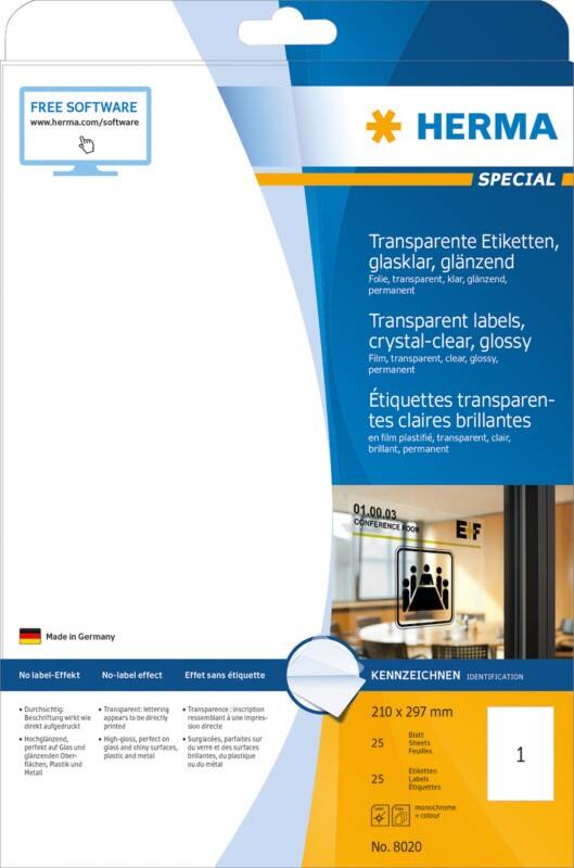 HERMA Transparente Etiketten 8020 Rechteckig A4 210 x 297 mm 25 Blatt à 1 Etikett