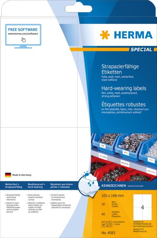 HERMA Wetterfeste Etiketten 4583 DIN A4 Weiß Rechteckig 105 x 148 mm 10 Blatt à 4 Etiketten