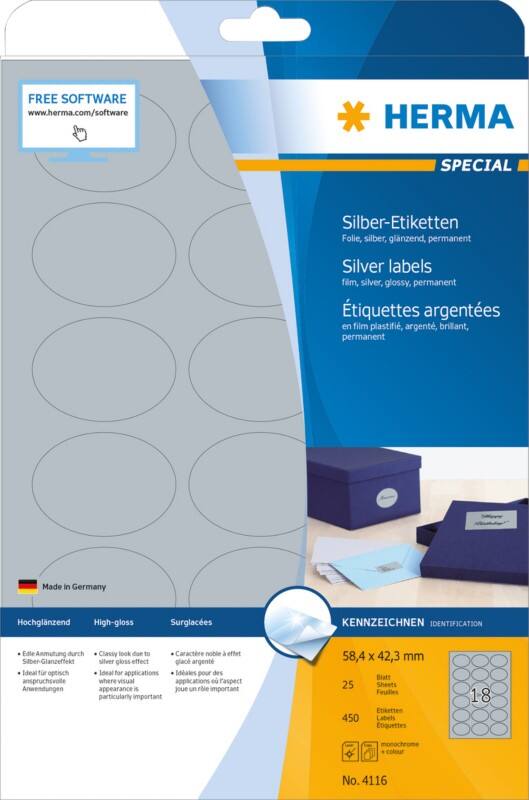 HERMA Silberne Etiketten 4116 Oval DIN A4 58,4 x 42,3 mm 25 Blatt à 18 Etiketten