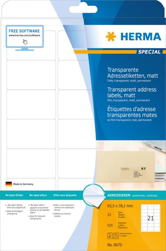 HERMA Transparente Etiketten 8670 Rechteckig DIN A4 63,5 x 38,1 mm 25 Blatt à 21 Etikett