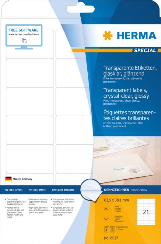 HERMA Transparente Etiketten 8017 Rechteckig A4 63,5 x 38,1 mm 25 Blatt à 21 Etikett