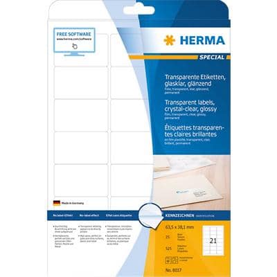 HERMA Transparente Etiketten 8017 Rechteckig A4 63,5 x 38,1 mm 25 Blatt à 21 Etikett