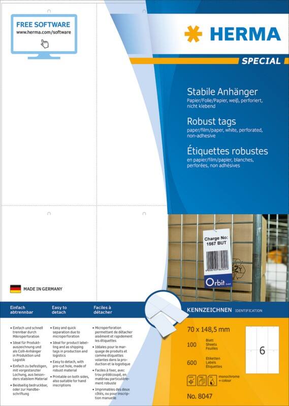 HERMA Anhänger 8047 Weiß Rechteckig A4 70 x 148,5 mm 100 Blatt à 6 Etiketten