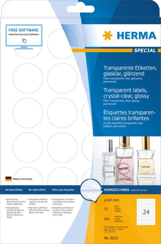 HERMA Klebeetiketten 8023 Transparent A4 Rund Ø 40 mm 25 Blatt à 24 Etiketten