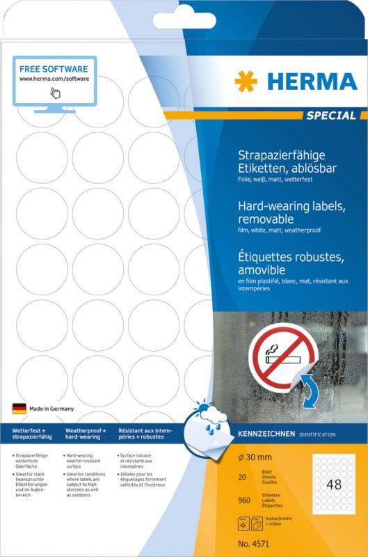 HERMA Wiederablösbare Etiketten 4571 Weiß Ø30 mm 20 Blatt à 48 Etiketten