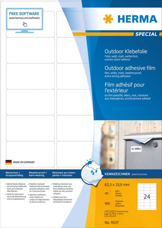 HERMA Wassserfeste Etiketten 9537 DIN A4 63,5 x 33,9 mm 40 Blatt à 24 Etiketten