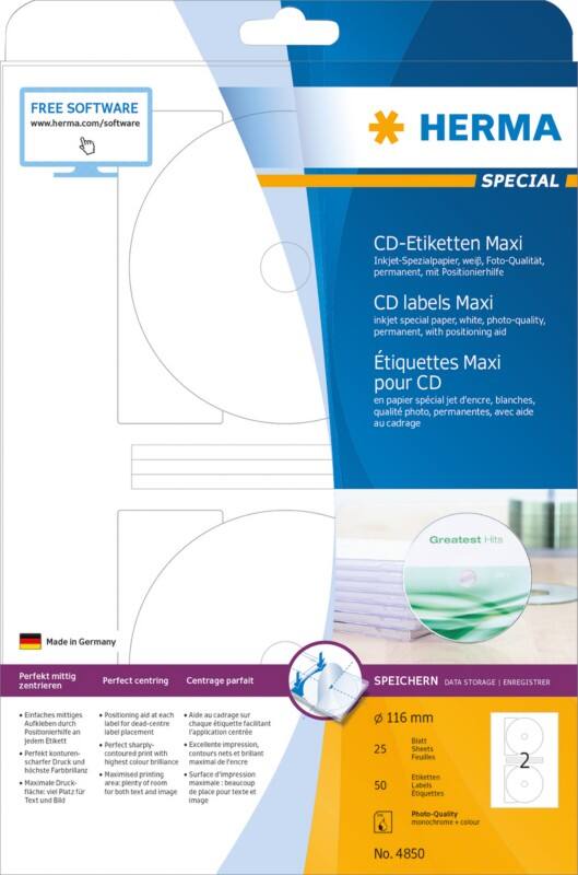 HERMA CD/DVD Etiketten 4850 haftend Weiß 116 x 116 mm 25 Blatt à 2 Etiketten