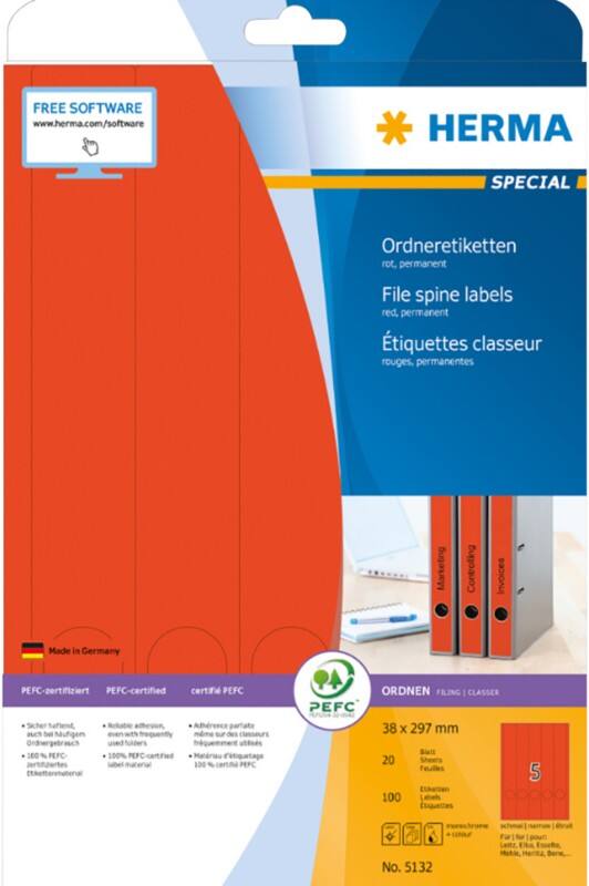 HERMA Ordneretiketten 5132 Rot 38 x 297 mm 20 Blatt à 5 Etiketten