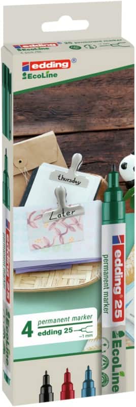 edding Ecoline 25 Permanentmarker  Fein Rundspitze  - 1 mm Farbig sortiert Nachfüllbar Wasserbeständig 4 Stück