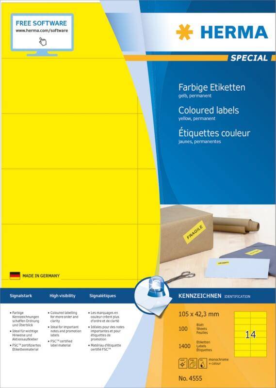 HERMA Farbige Multifunktionsetiketten 4555 Gelb Rechteckig 105 x 42 mm 100 Blatt à 14 Etiketten