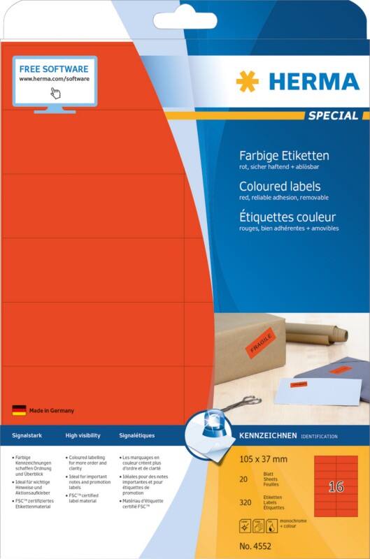 HERMA Farbige Multifunktionsetiketten 4552 Rot Rechteckig 105 x 37 mm 20 Blatt à 16 Etiketten