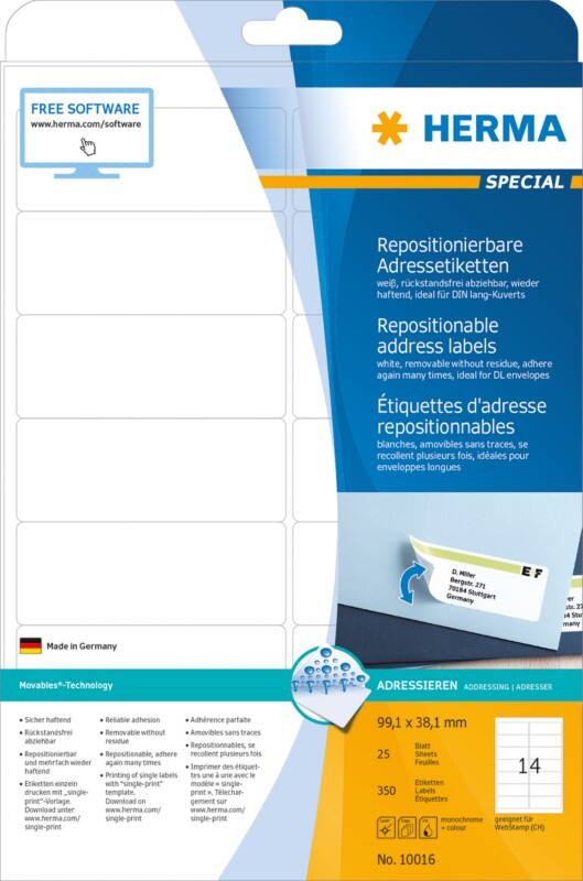 HERMA Adressetiketten 10016 Weiß Rechteckig 99,1 x 38,1 mm 25 Blatt à 14 Etiketten