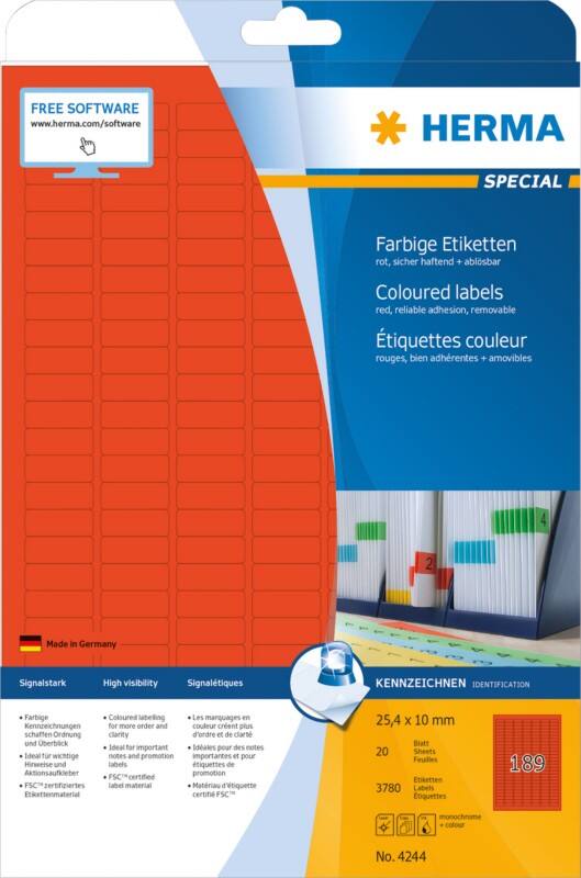 HERMA Farbige Etiketten 4244 Rot Rechteckig 25,4 x 10 mm 20 Blatt à 189 Etiketten