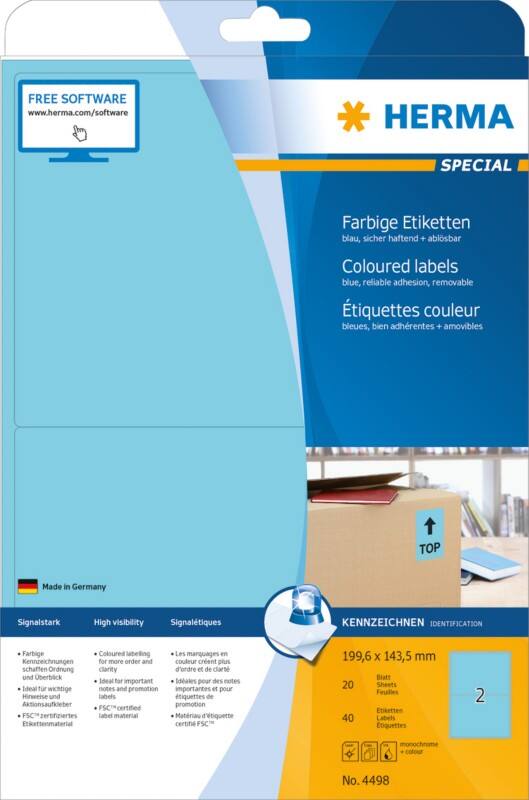 HERMA Farbige Multifunktionsetiketten 4498 Blau Rechteckig 199,6 x 143,5 mm 20 Blatt à 2 Etiketten