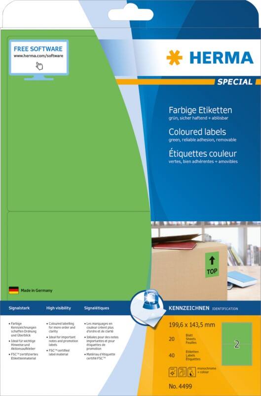 HERMA Farbige Multifunktionsetiketten 4499 Grün Rechteckig 199,6 x 143,5 mm 20 Blatt à 2 Etiketten