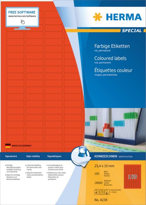 HERMA Farbige Etiketten 4238 Rot Rechteckig 25 x 10 mm 100 Blatt à 14 Etiketten