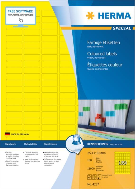 HERMA Farbige Etiketten 4237 Gelb Rechteckig 25 x 10 mm 100 Blatt à 14 Etiketten