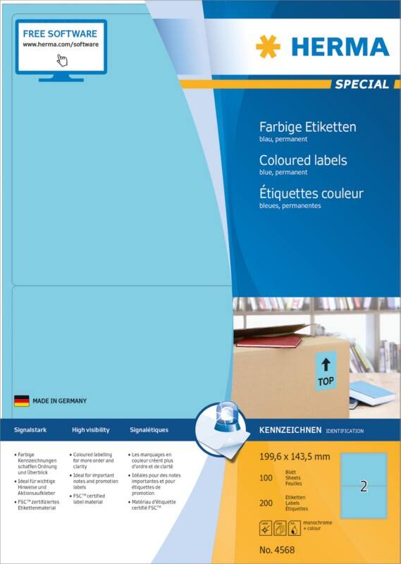 HERMA Farbige Multifunktionsetiketten 4568 Blau Rechteckig 199 x 143 mm 100 Blatt à 2 Etiketten