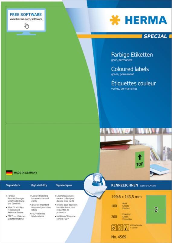 HERMA Farbige Multifunktionsetiketten 4569 Grün Rechteckig 199 x 143 mm 100 Blatt à 2 Etiketten