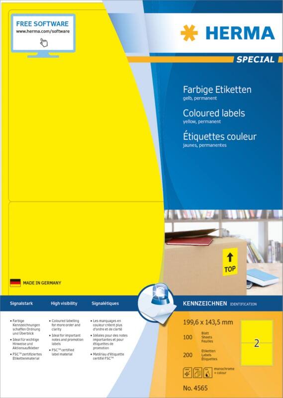 HERMA Farbige Etiketten 4565 Gelb Rechteckig 199 x 143 mm 100 Blatt à 2 Etiketten
