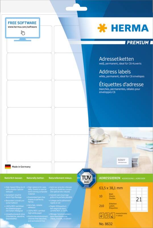 HERMA Adressetiketten 8632 Weiß Rechteckig 63,5 x 38,1 mm 10 Blatt à 21 Etiketten