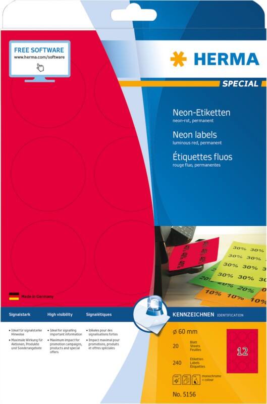 HERMA Farbige Etiketten 5156 Rot Rund Ø 60 mm 20 Blatt à 12 Etiketten