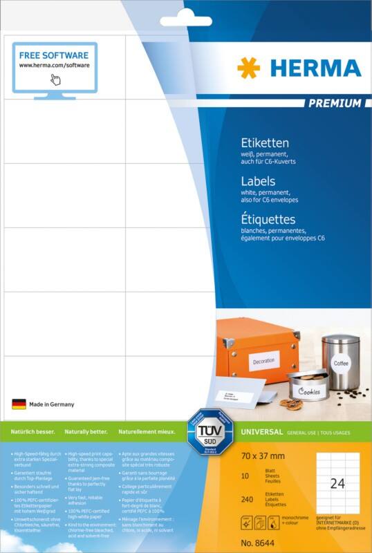 HERMA Mehrzwecketiketten 8644 Weiß 70 x 37 mm Rechteckig 10 Blatt à 24 Etiketten
