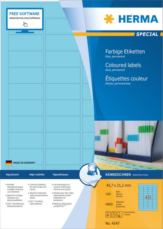 HERMA Farbige Multifunktionsetiketten 4547 Blau Rechteckig 45 x 21 mm 100 Blatt à 48 Etiketten