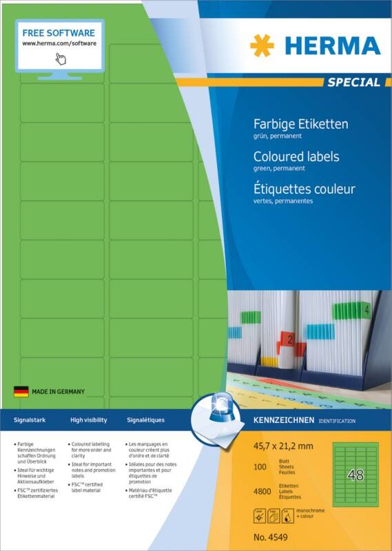 HERMA Farbige Etiketten 4549 Grün Rechteckig 45 x 21 mm 100 Blatt à 48 Etikett