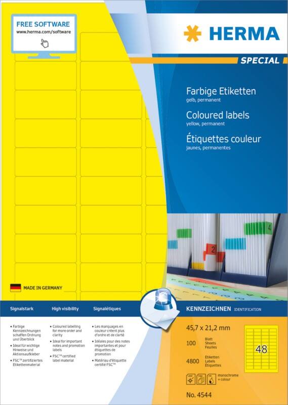 HERMA Farbige Etiketten 4544 Gelb Rechteckig 45 x 21 mm 100 Blatt à 14 Etiketten