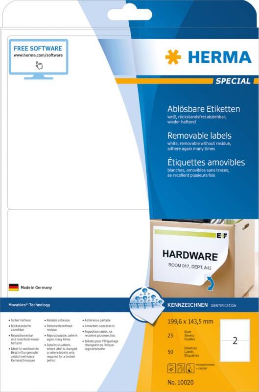 HERMA Wiederablösbare Etiketten 10020 Weiß Rechteckig 199,6 x 143,5 mm 25 Blatt à 56 Etiketten