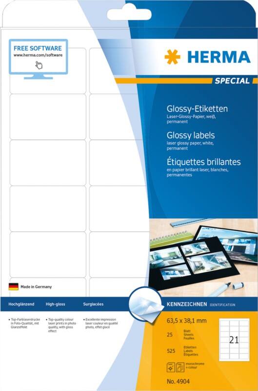 HERMA Laser Etiketten 4904 Weiß Rechteckig 63,5 x 38,1 mm 25 Blatt à 21 Etiketten