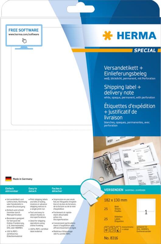 HERMA Versandetiketten 8316 Weiß Rechteckig 182 x 130 mm 25 Blatt à 1 Etikett