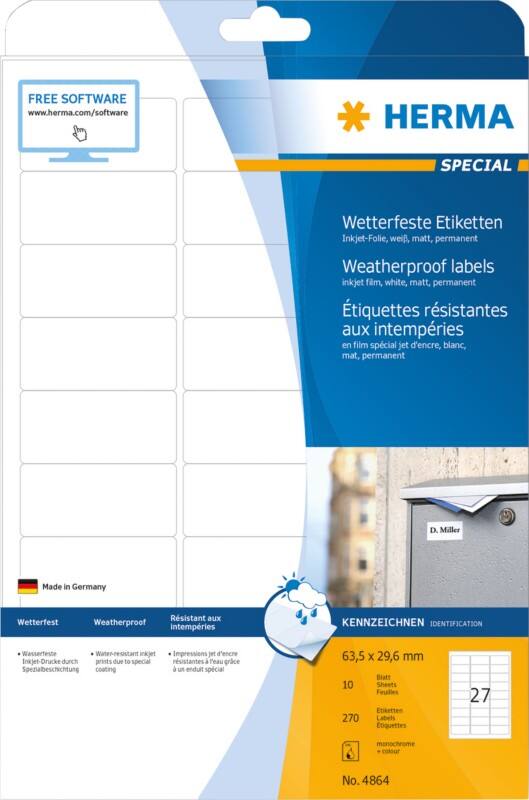 HERMA Drucketiketten 4864 Weiß A4 63,5 x 29,6 mm 10 Blatt à 27 Etiketten