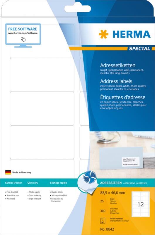 HERMA Inkjet Etiketten 8842 Weiß Rechteckig 88,9 x 46,6 mm 25 Blatt à 12 Etiketten