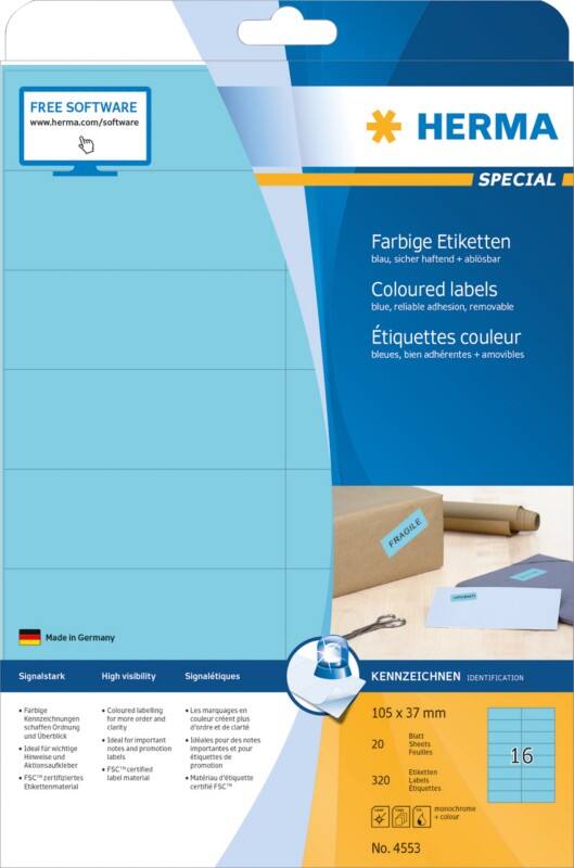 HERMA Farbige Multifunktionsetiketten 4553 Blau Rechteckig 105 x 37 mm 20 Blatt à 16 Etiketten