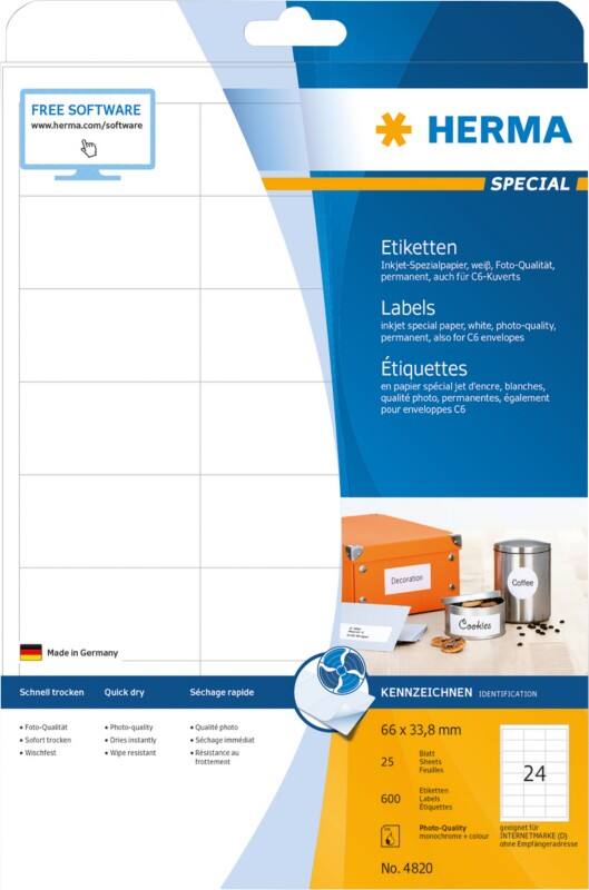 HERMA Inkjet Etiketten 4820 Weiß Rechteckig 66 x 33,8 mm 25 Blatt à 24 Etiketten