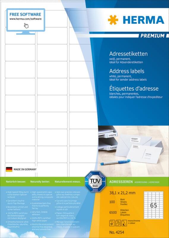 HERMA Adressetiketten 4254 Weiß Rechteckig 38,1 x 21,2 mm 100 Blatt à 65 Etiketten