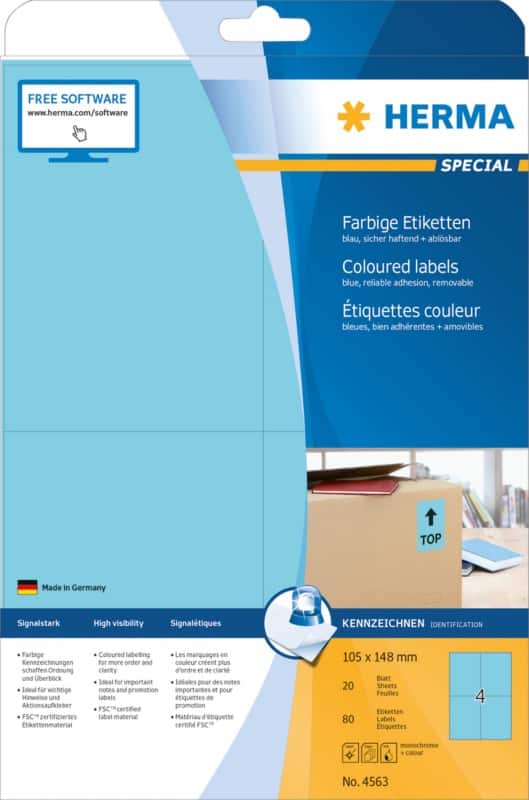 HERMA Farbige Multifunktionsetiketten 4563 Blau Rechteckig 105 x 148 mm 20 Blatt à 4 Etiketten